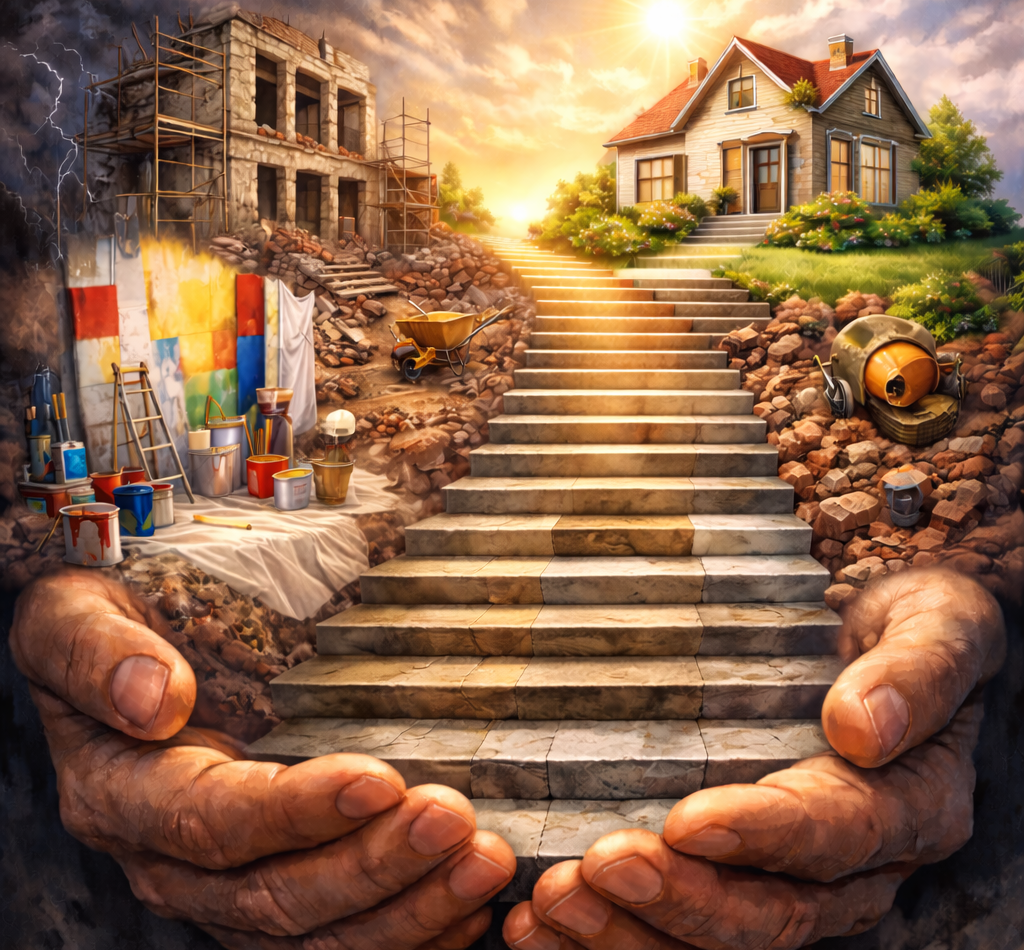 Eine Hand hält eine Treppe, die zur Entwicklung von Baustellen zu einem fertigen Haus führt.